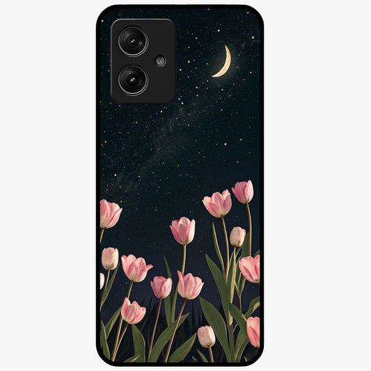 Midnight Tulip Whispers Vibe Glass Case showing flat back view with elegant tulip flower artwork and glossy glass finish.
