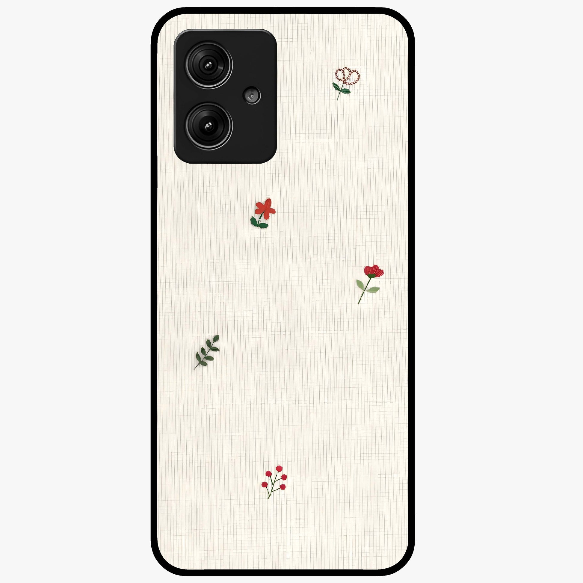 Minimal Petal Whispers Glass Case showing flat back view with soft minimal floral artwork and glossy glass finish.
