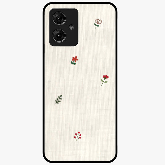 Minimal Petal Whispers Glass Case showing flat back view with soft minimal floral artwork and glossy glass finish.