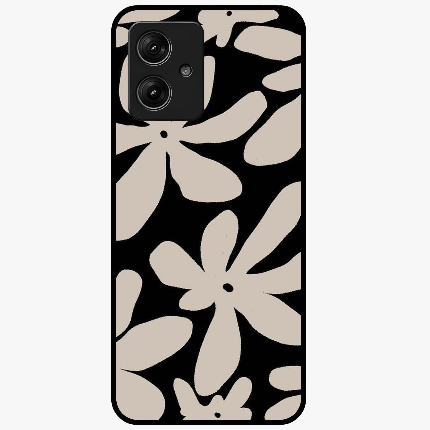 Monochrome Petal Dance Glass Case showing flat back view with monochrome floral artwork and glossy glass finish.