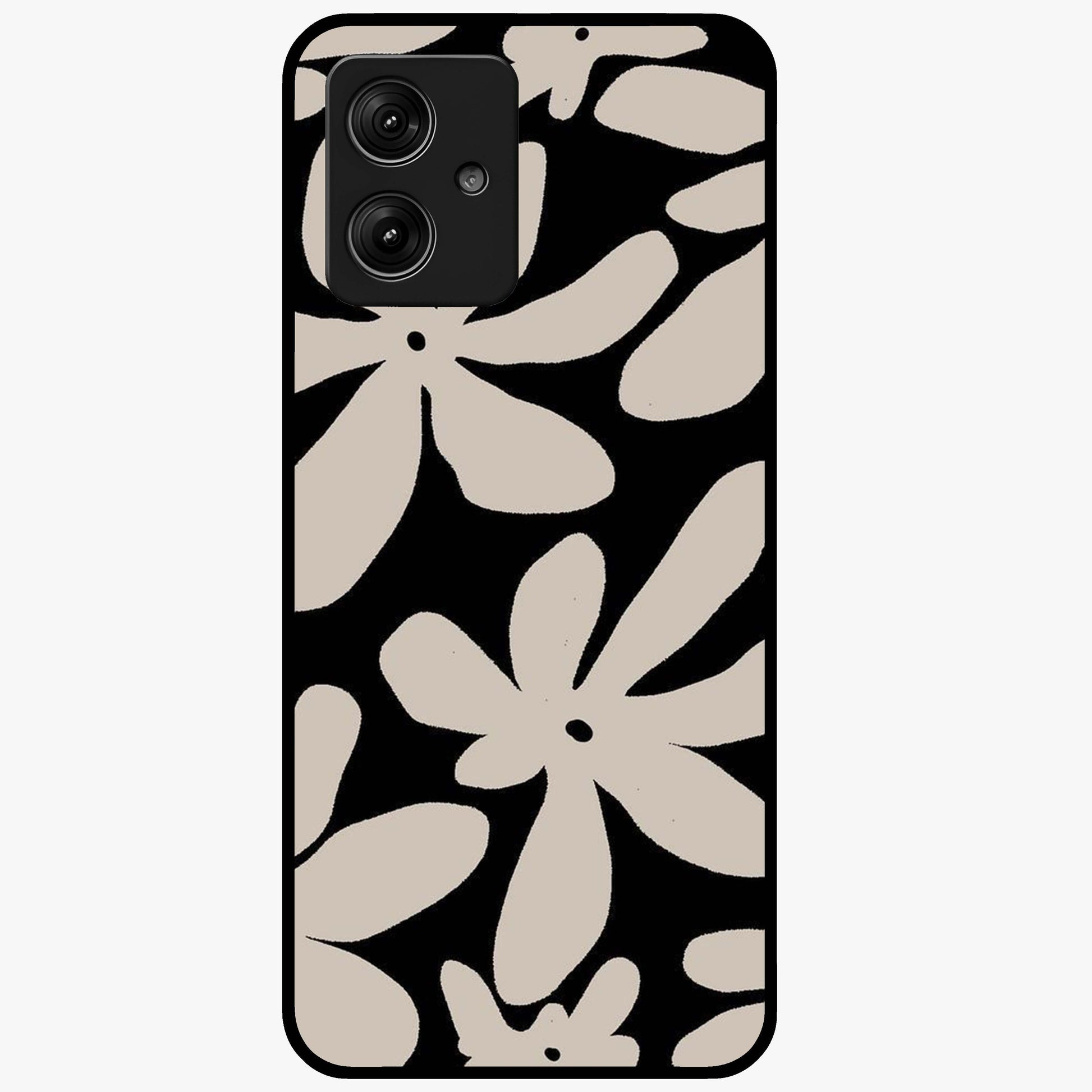 Monochrome Petal Dance Glass Case showing flat back view with monochrome floral artwork and glossy glass finish.