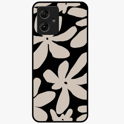 Monochrome Petal Dance Glass Case showing flat back view with monochrome floral artwork and glossy glass finish.