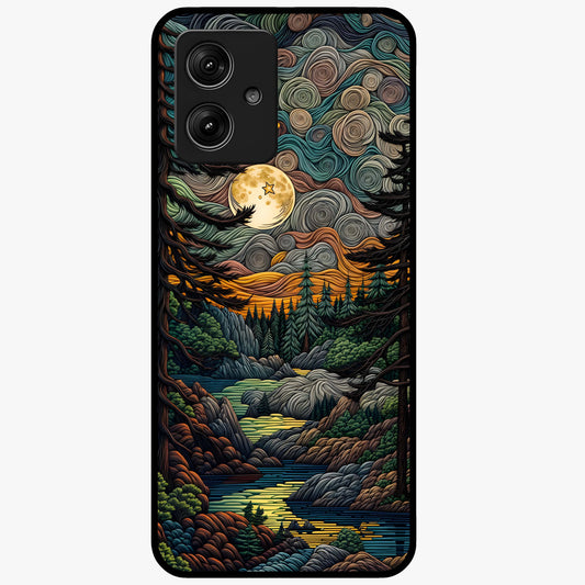 Moonlight Forest Dream Glass Case showing flat back view with mystical forest moonlight artwork and glossy glass finish.