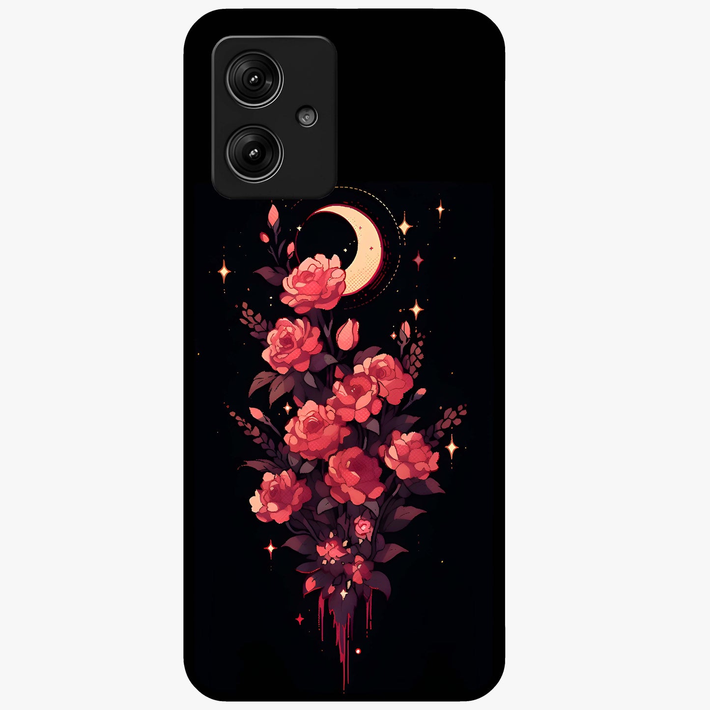 Moonlit Floral Elegance Glass Case showing flat back view with elegant floral artwork under moonlit tones and glossy glass finish.