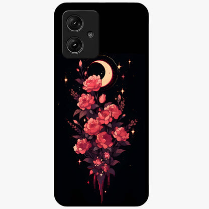 Moonlit Floral Elegance Glass Case showing flat back view with elegant floral artwork under moonlit tones and glossy glass finish.