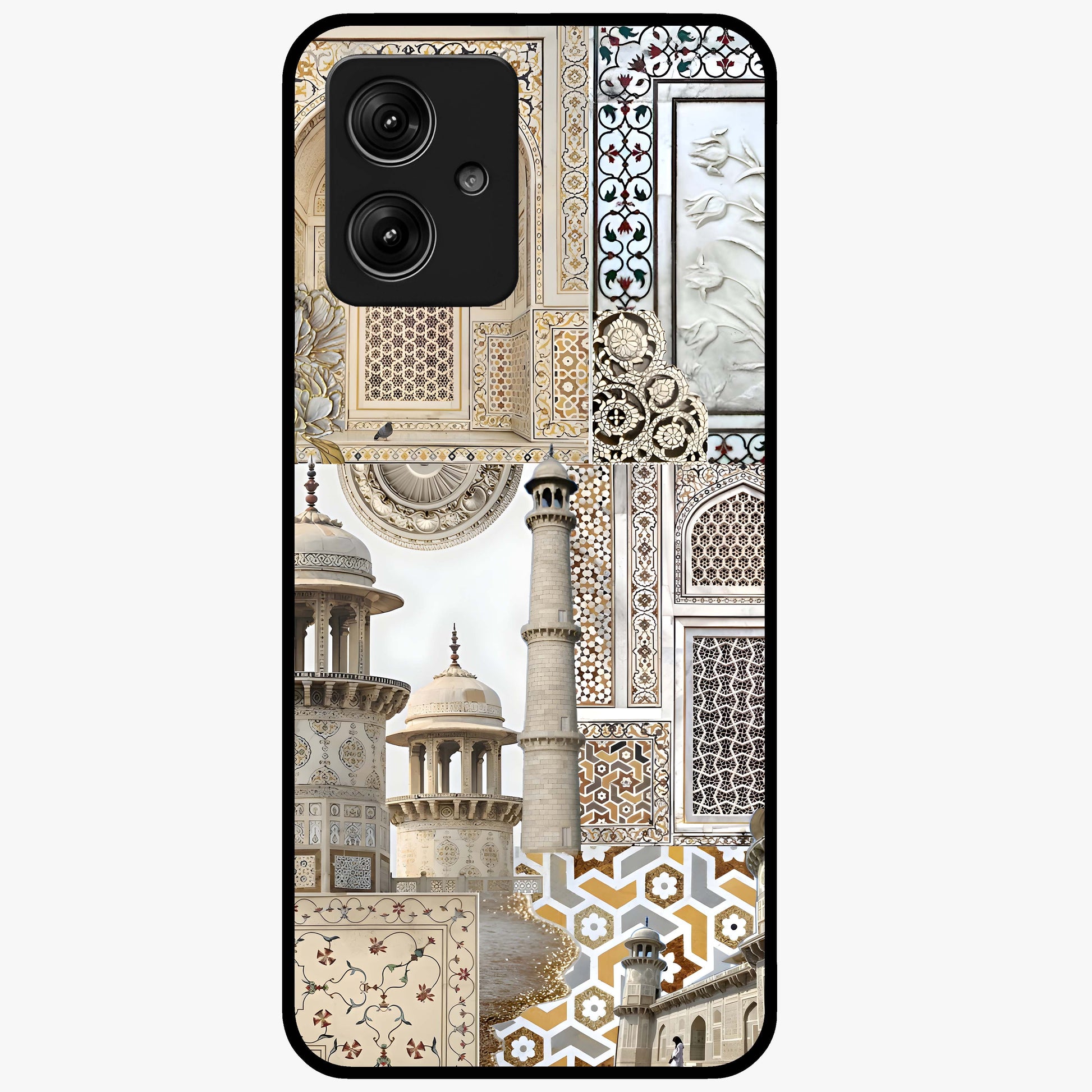 Mughal Marble Legacy Glass Case showing flat back view with intricate Mughal inspired marble pattern and glossy glass finish.