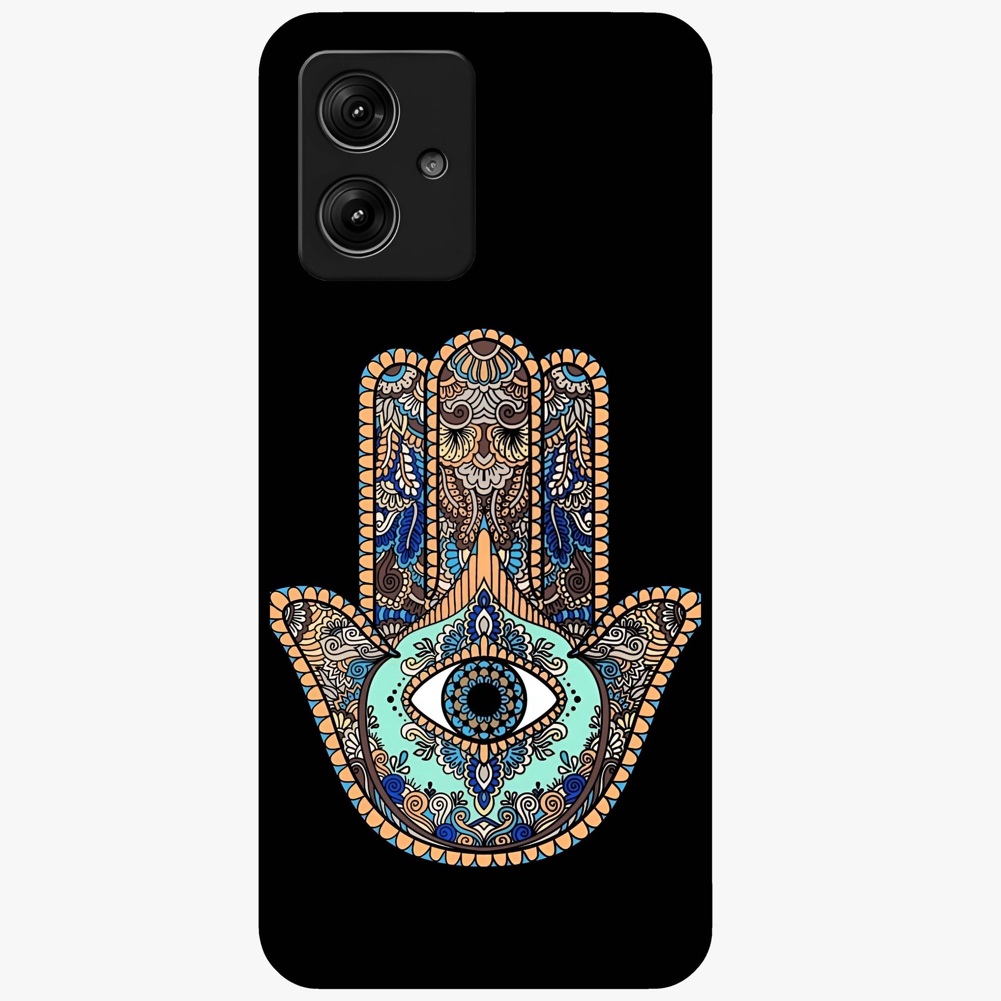 Mystic Hamsa Eye Glass Case showing flat back view with protective hamsa hand and evil eye artwork and glossy glass finish.