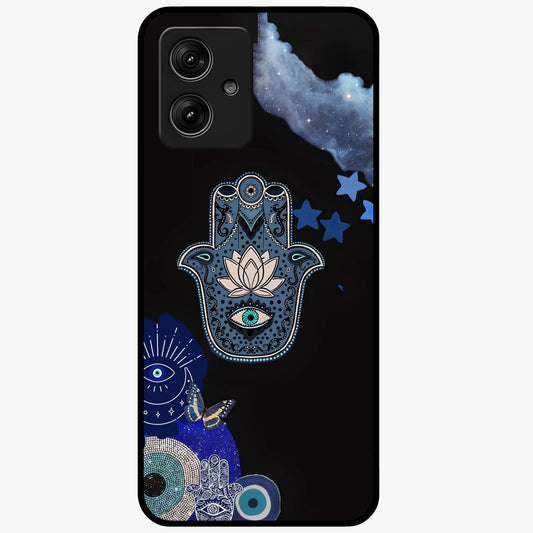 Mystic Hand Aura Glass Case showing flat back view with mystical hand symbol artwork and glossy glass finish.