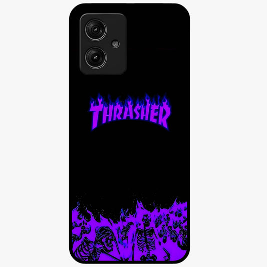 Neon Flame Riot Glass Case showing flat back view with neon flame artwork and glossy glass finish.