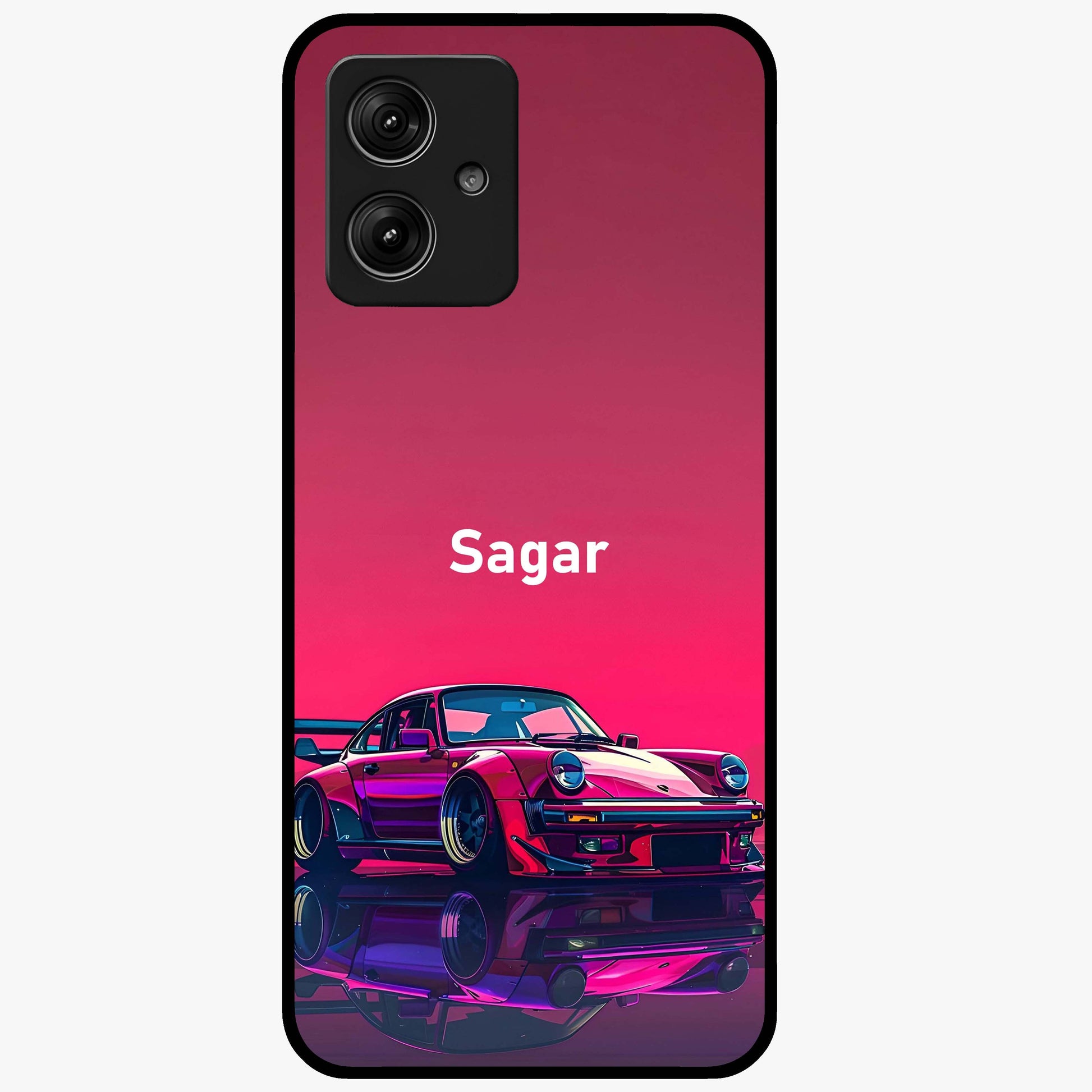Neon Pink Porsche Glass Case showing flat back view with stylish sports car artwork and glossy glass finish.