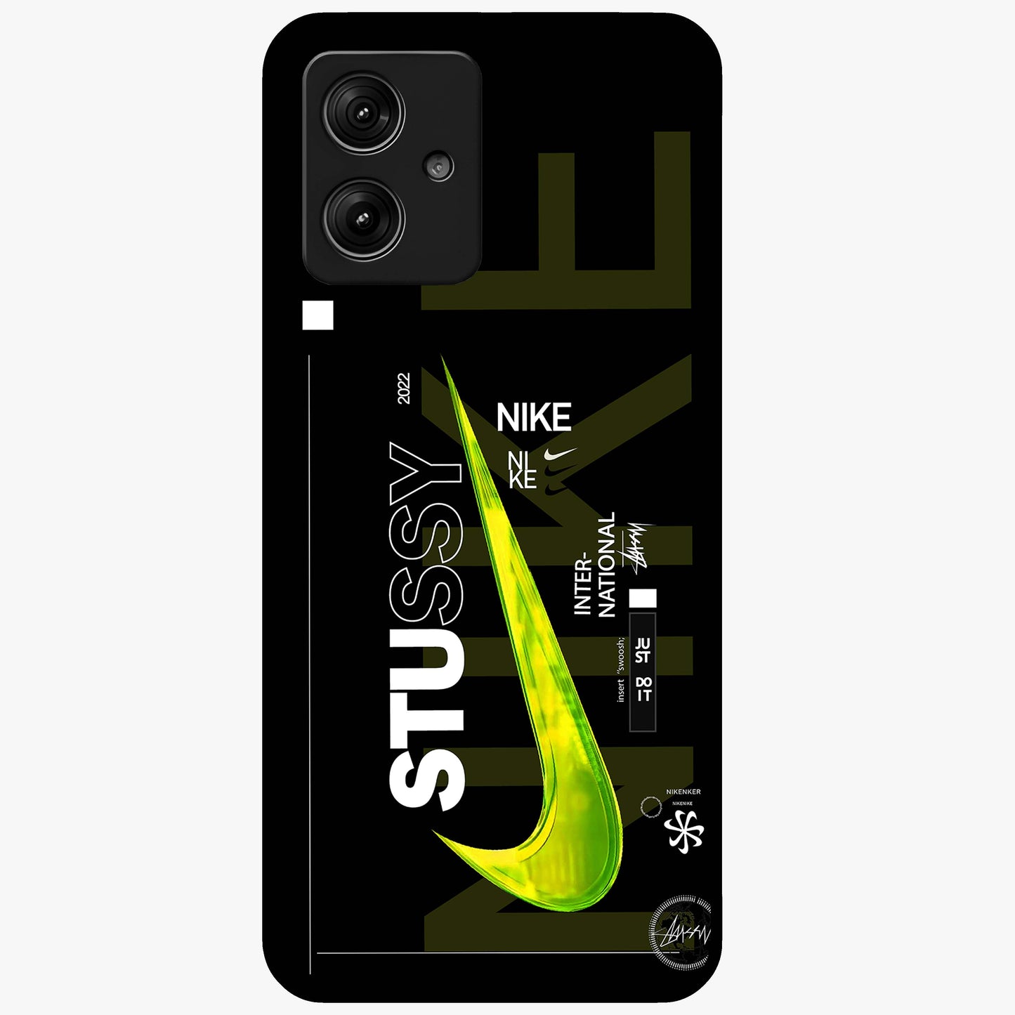 Neon Street Edition Glass Case showing flat back view with neon street style artwork and glossy glass finish.