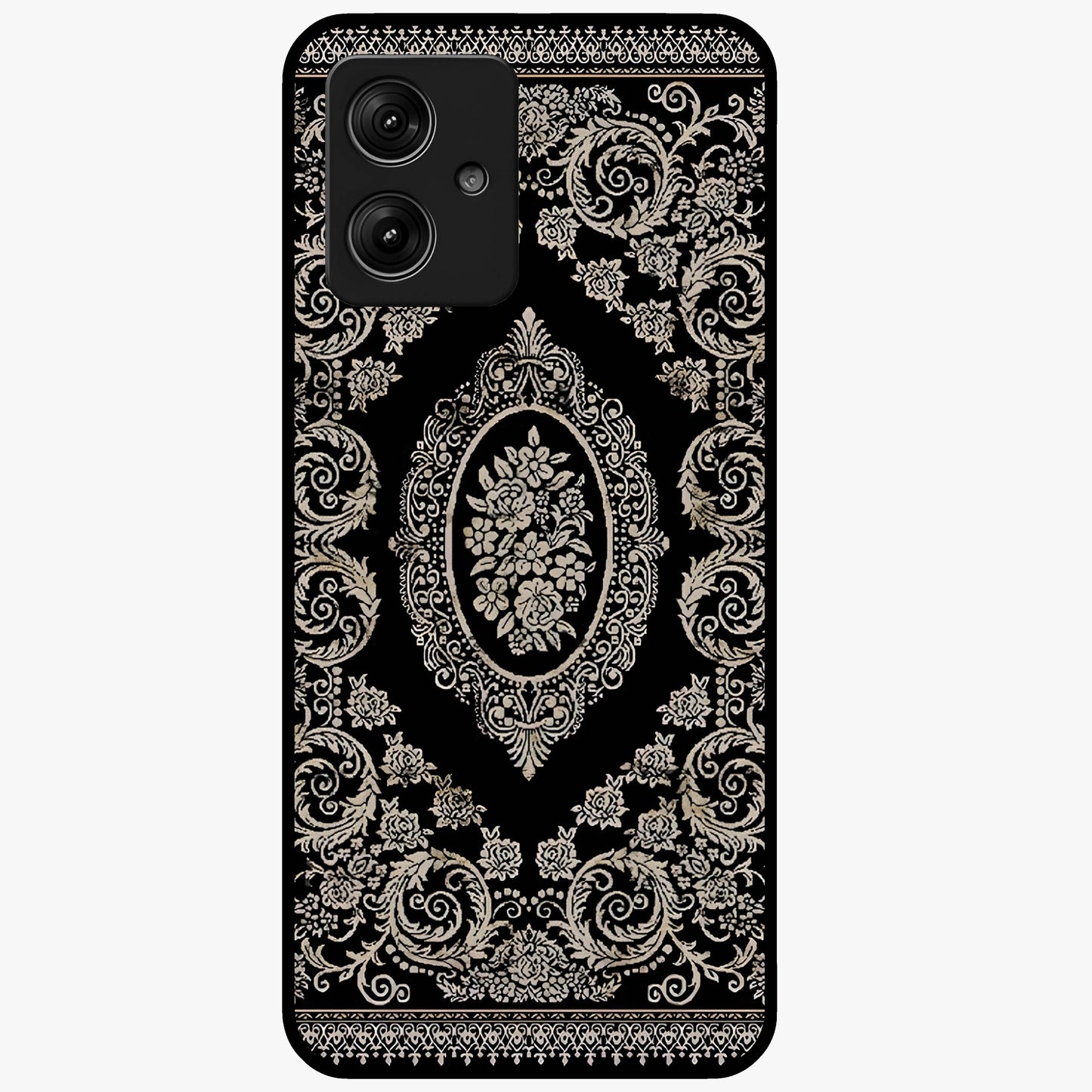 Noir Bloom Elegance Glass Case showing flat back view with elegant dark floral artwork and glossy glass finish.