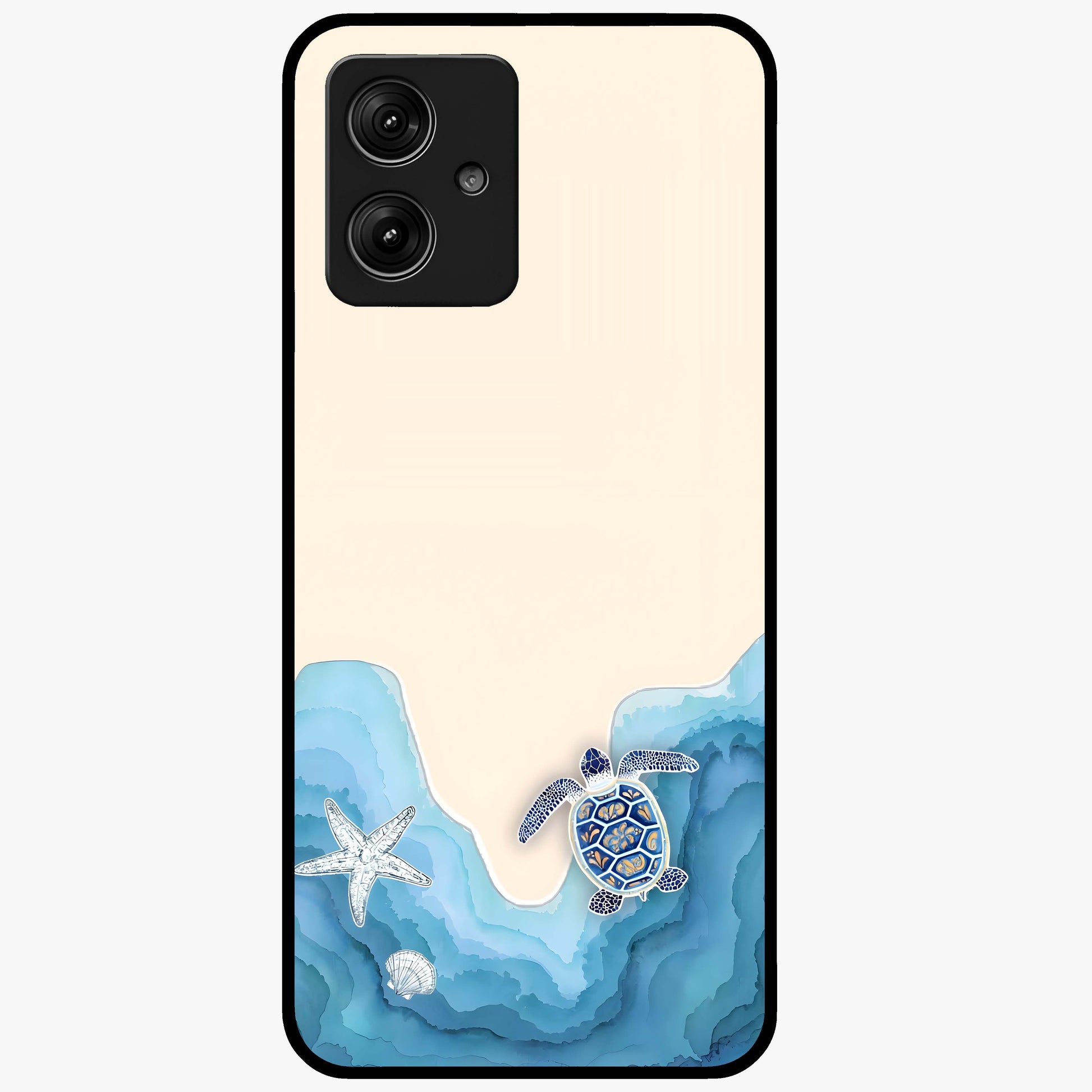Ocean Drift Turtle Glass Case showing flat back view with sea turtle artwork and glossy glass finish.