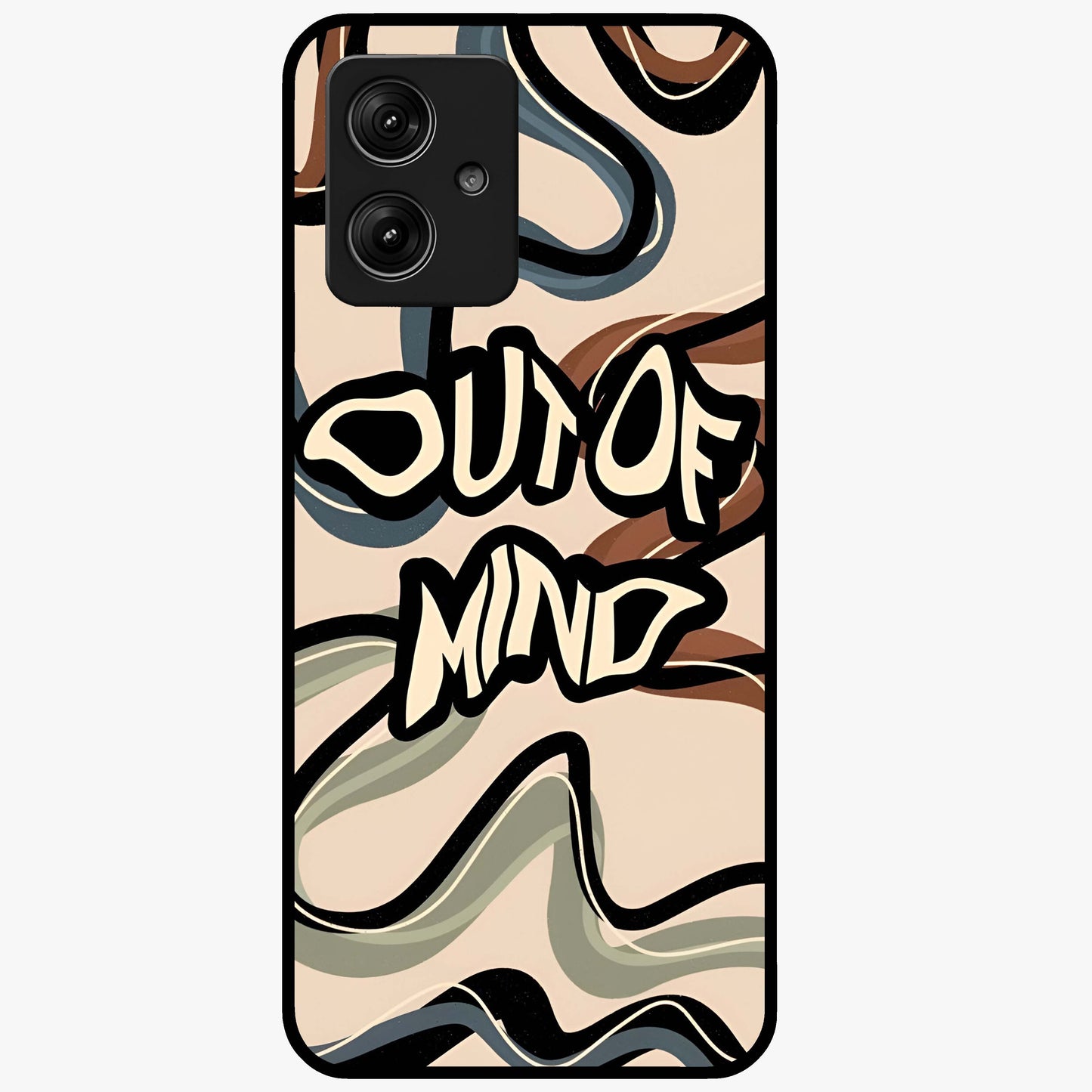 Out Of Mind Glass Case showing flat back view with expressive typography artwork and glossy glass finish.