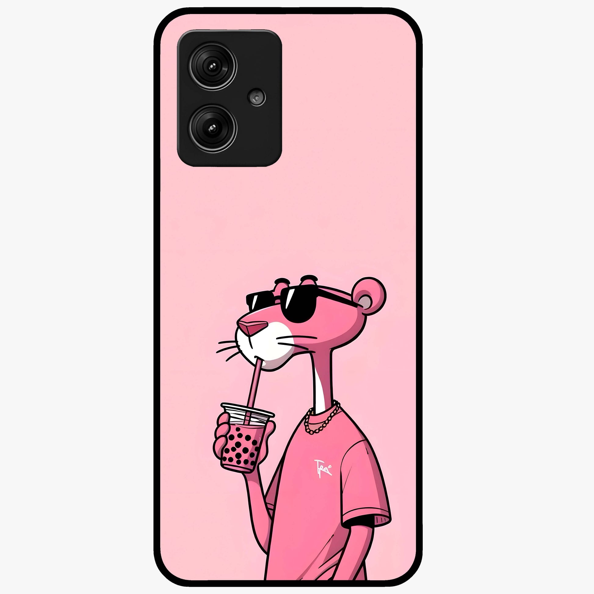 Pink Panther Glass Case showing flat back view with iconic pink panther artwork and glossy glass finish.