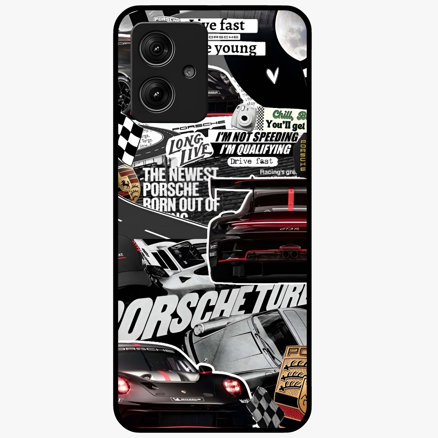 Porsche Racing Collage Glass Case showing flat back view with sports car racing collage artwork and glossy glass finish.