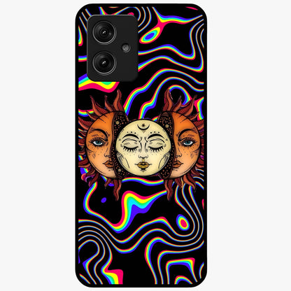 Psychedelic Sun Glass Case showing flat back view with colorful psychedelic sun artwork and glossy glass finish.