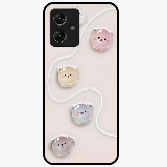 Puffy Face Parade Glass Case showing flat back view with cute puffy character faces artwork and glossy glass finish.