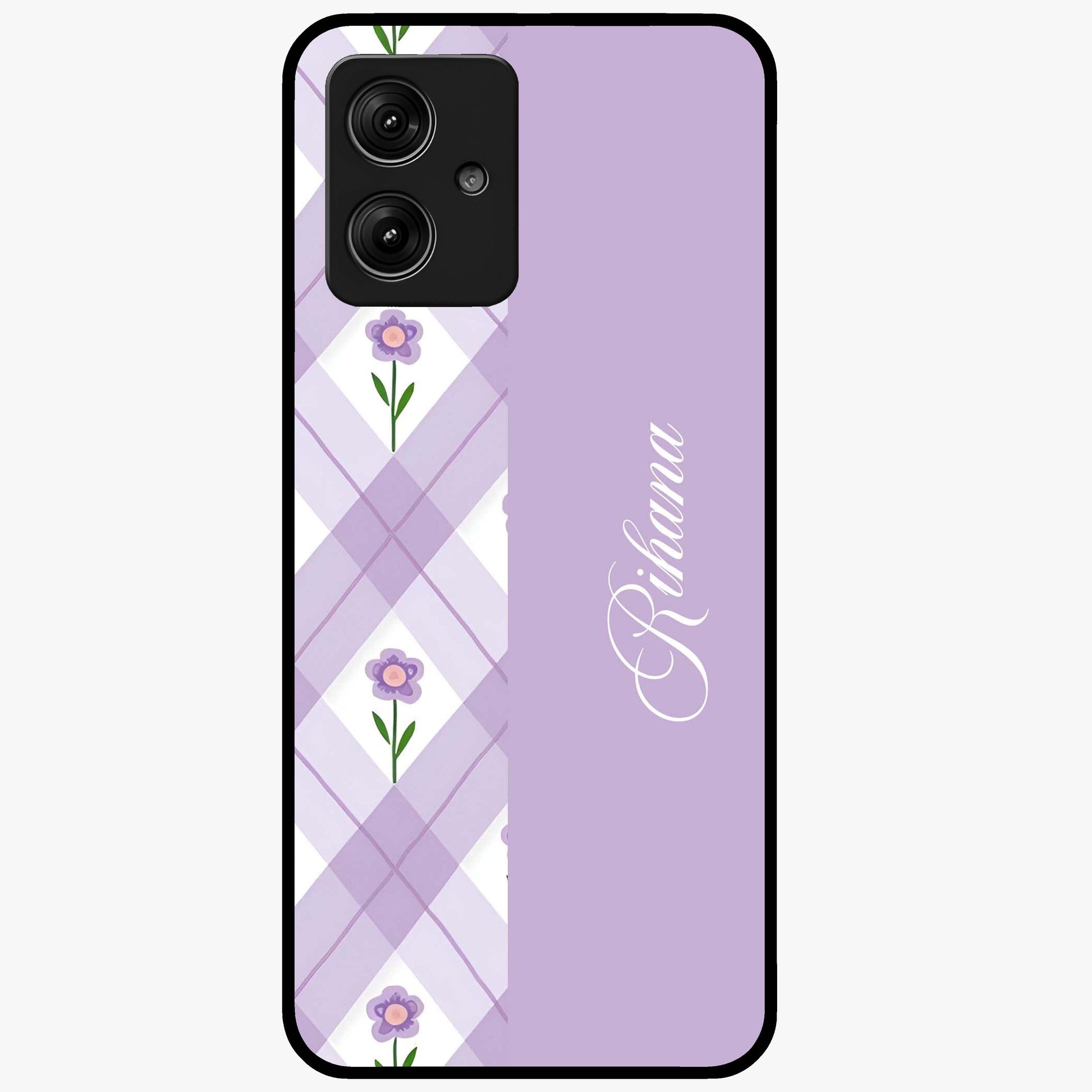 Purple Diamond Floral Glass Case showing flat back view with diamond shaped floral artwork and glossy glass finish.