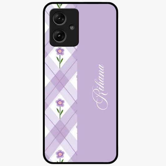 Purple Diamond Floral Glass Case showing flat back view with diamond shaped floral artwork and glossy glass finish.