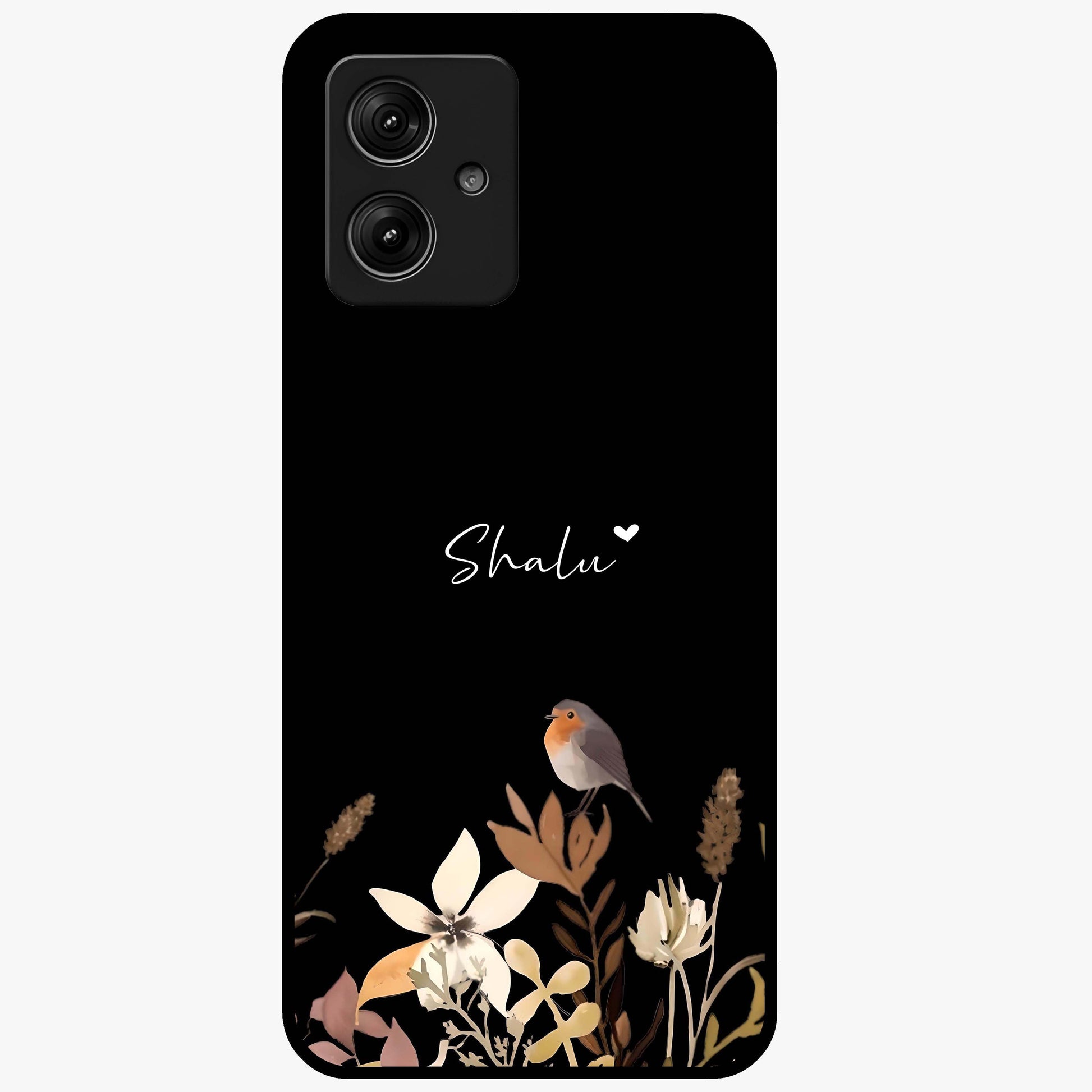 Quiet Garden Tune Custom Name Glass Case showing flat back view with peaceful garden artwork and personalized name design.