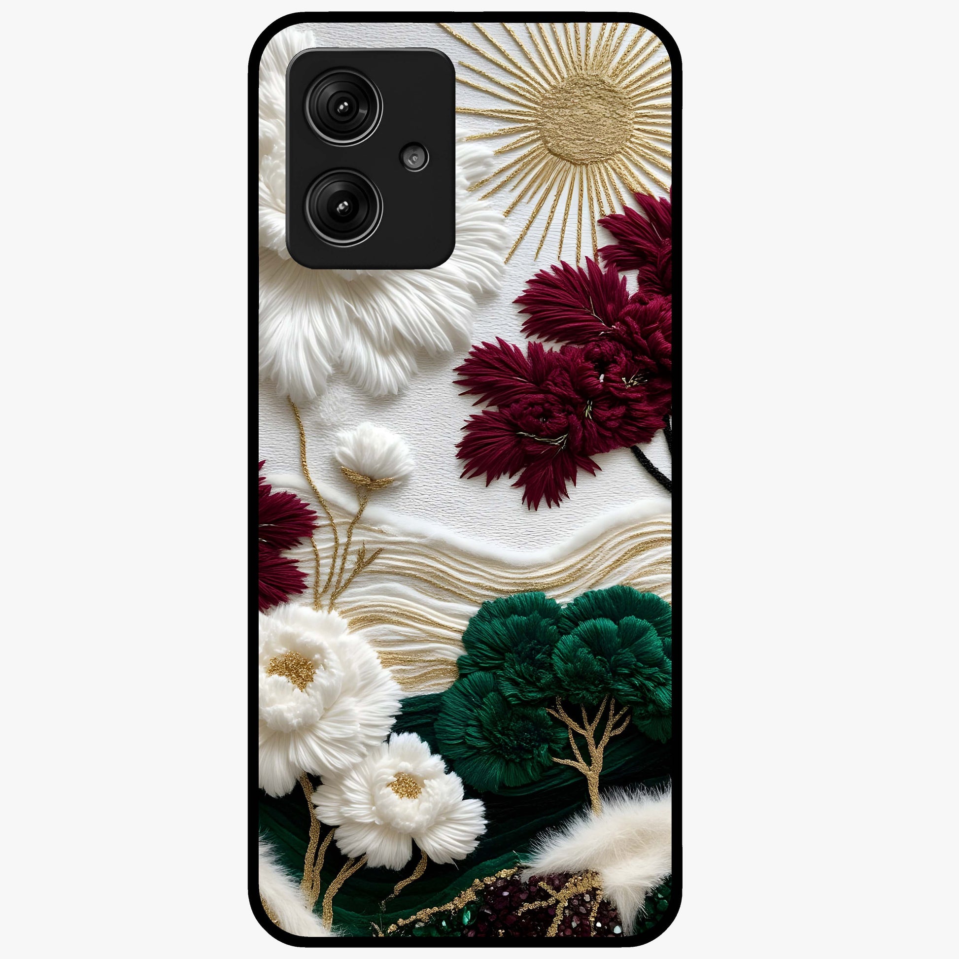 Radiant Bloom Elegance Glass Case showing flat back view with elegant blooming flower artwork and glossy glass finish.