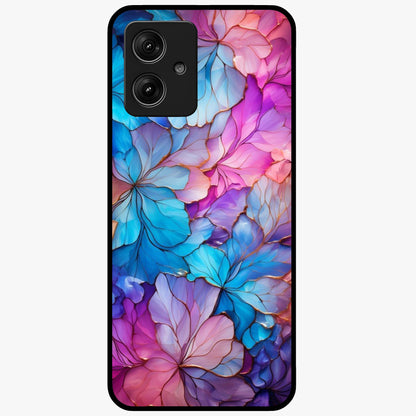 Radiant Floral Whirl Glass Case showing flat back view with swirling floral artwork and glossy glass finish.