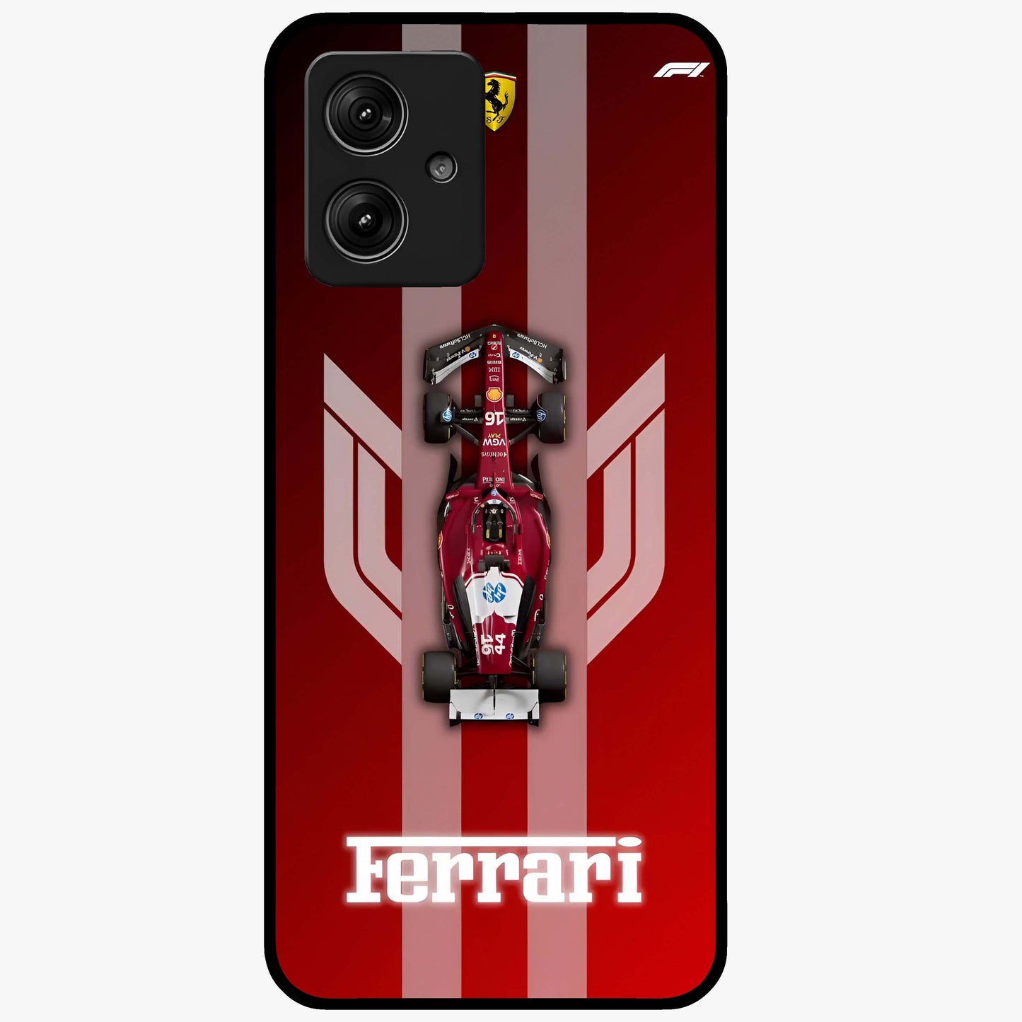 Red Ferrari F1 Vertical Glass Case showing flat back view with sleek Formula racing car artwork and glossy glass finish.