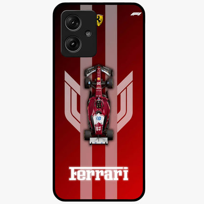 Red Ferrari F1 Vertical Glass Case showing flat back view with sleek Formula racing car artwork and glossy glass finish.