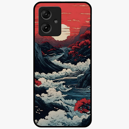 Red Sunset Scenery Glass Case showing flat back view with vibrant sunset landscape artwork and glossy glass finish.