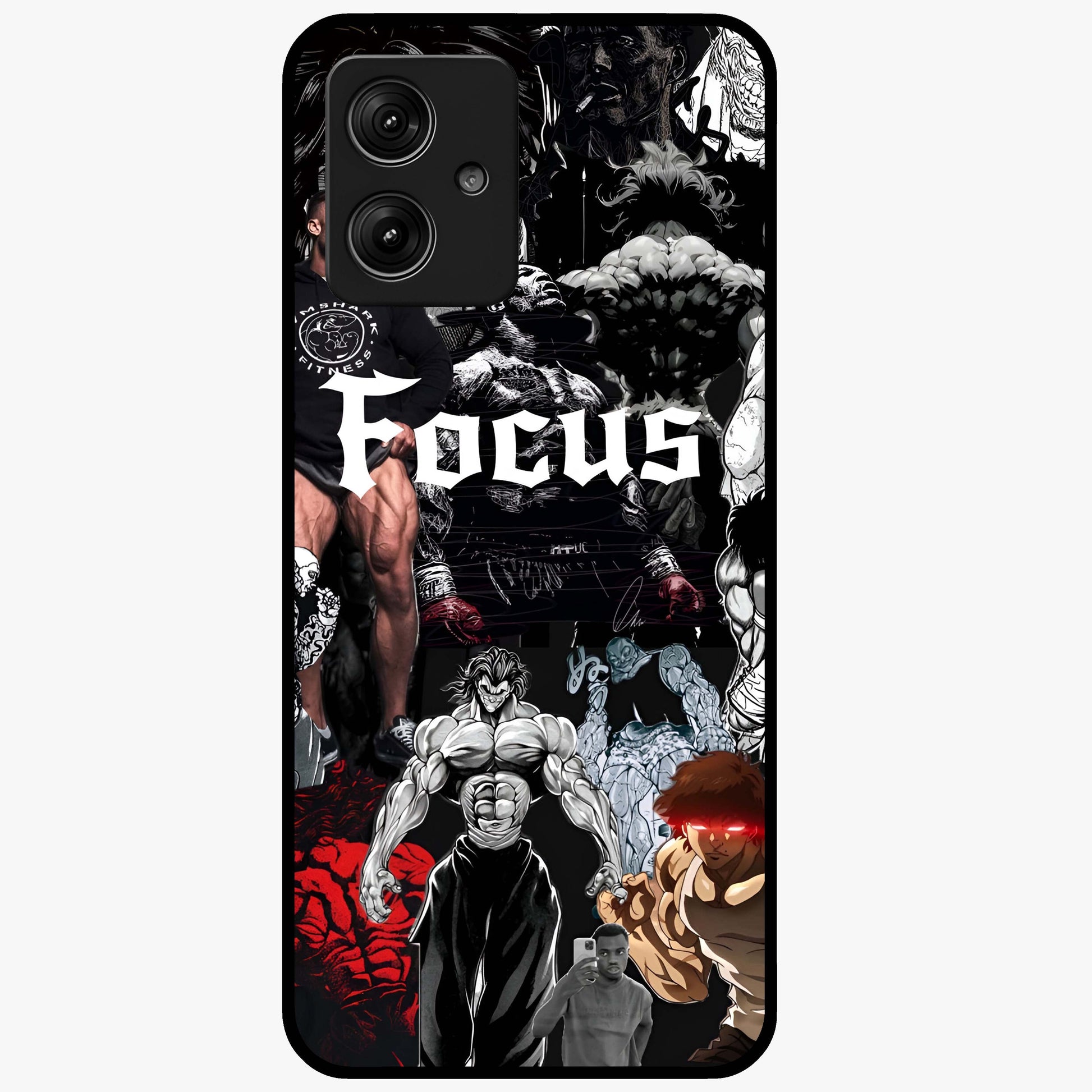 Relentless Power Focus Glass Case showing flat back view with motivational typography artwork and glossy glass finish.