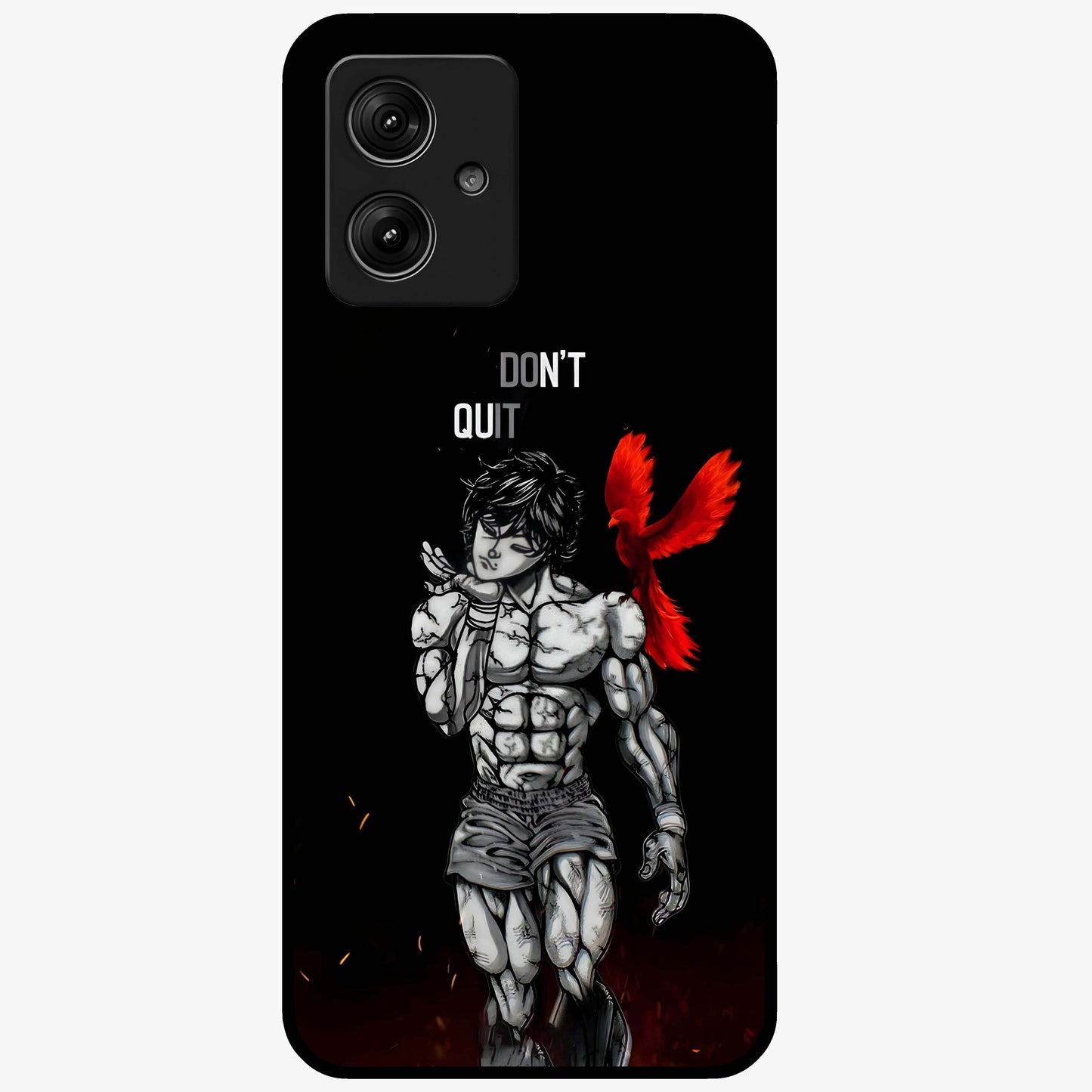 Rise Beyond Limits Glass Case showing flat back view with motivational typography artwork and glossy glass finish.