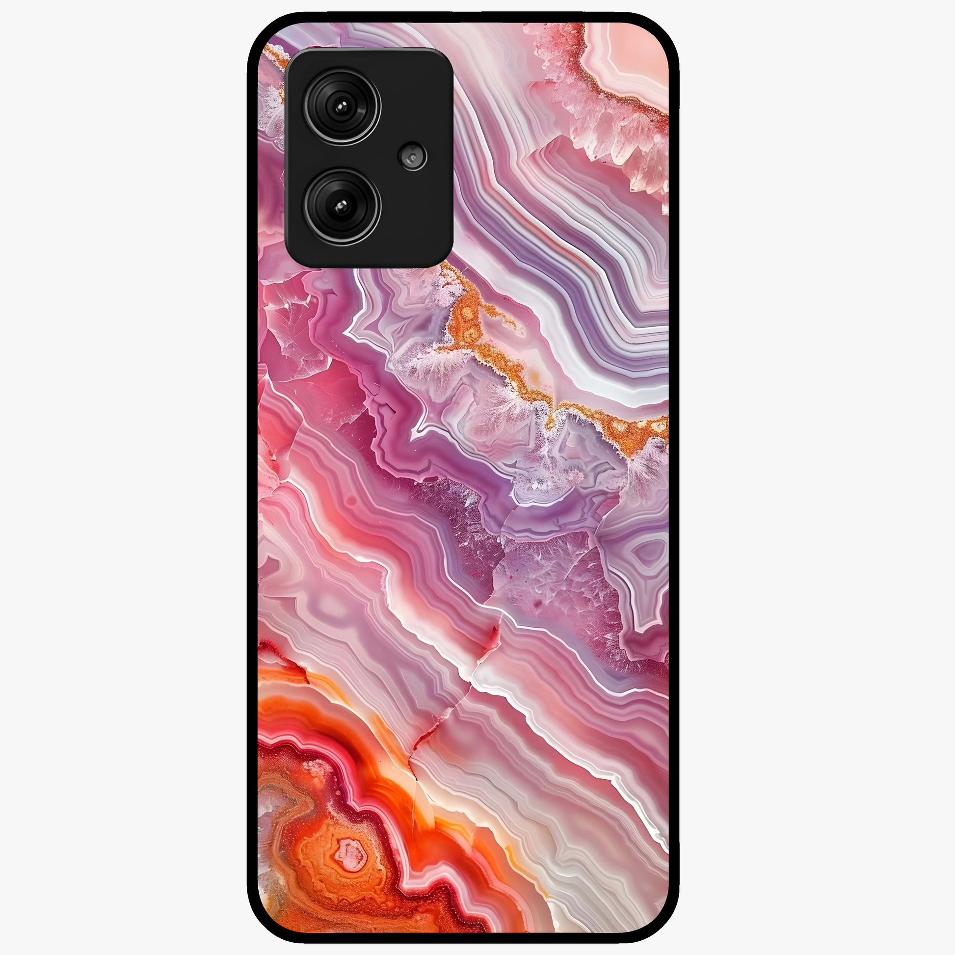 Rose Quartz Marble Glass Case showing flat back view with pink marble quartz texture artwork and glossy glass finish.