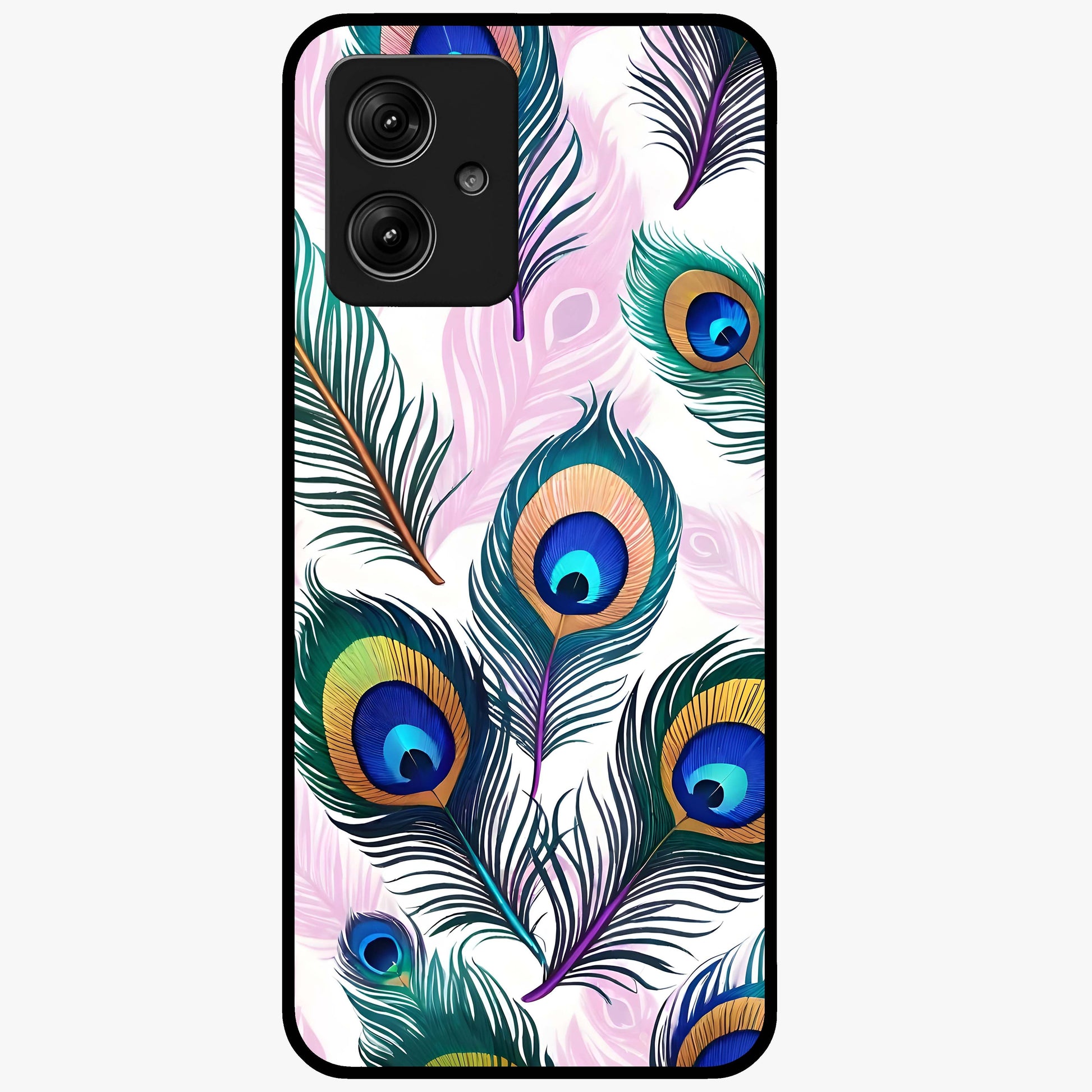 Royal Peacock Feathers Glass Case showing flat back view with colorful peacock feather artwork and glossy glass finish.