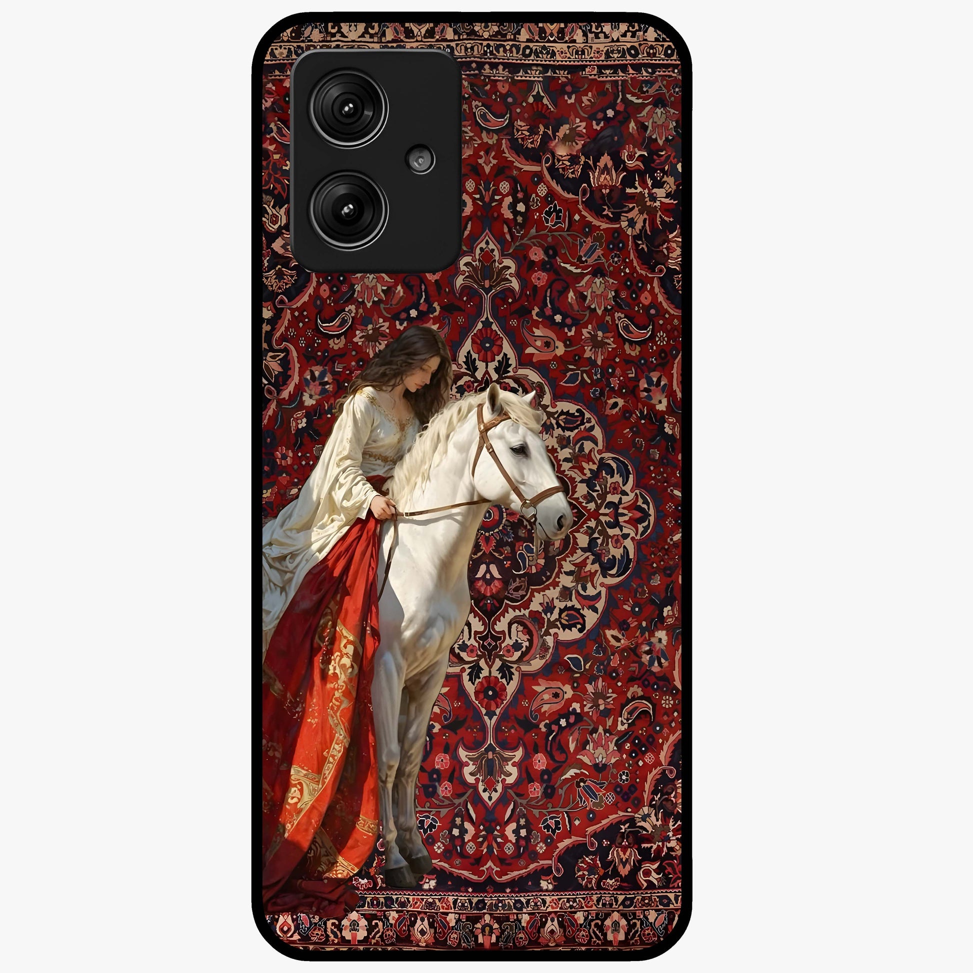 Royal Rider Tapestry Glass Case showing flat back view with majestic horse rider tapestry artwork and glossy glass finish.