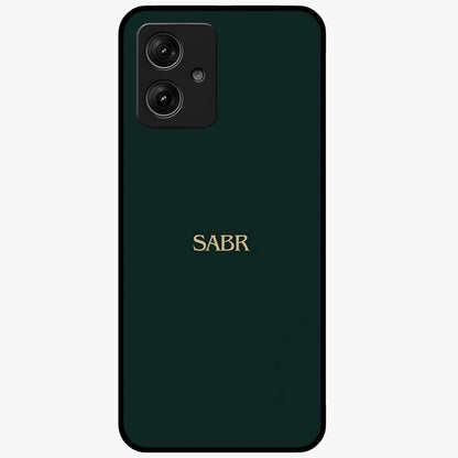 Sabr Minimal Patience Glass Case showing flat back view with minimalist typography artwork and glossy glass finish.