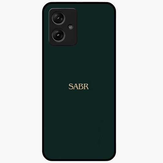 Sabr Minimal Patience Glass Case showing flat back view with minimalist typography artwork and glossy glass finish.