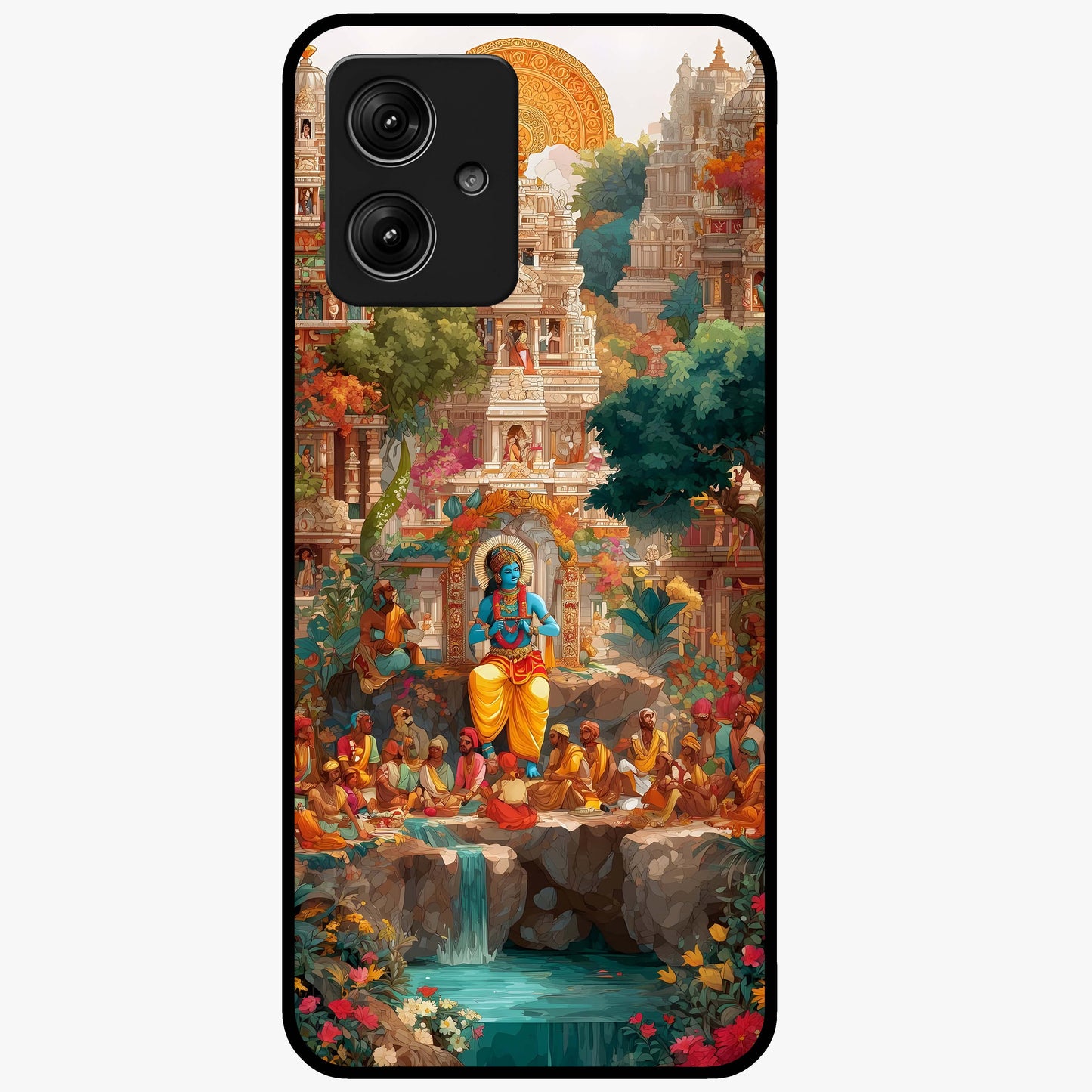 Sacred Sunlight Gods Glass Case showing flat back view with divine sunlight themed artwork and glossy glass finish.