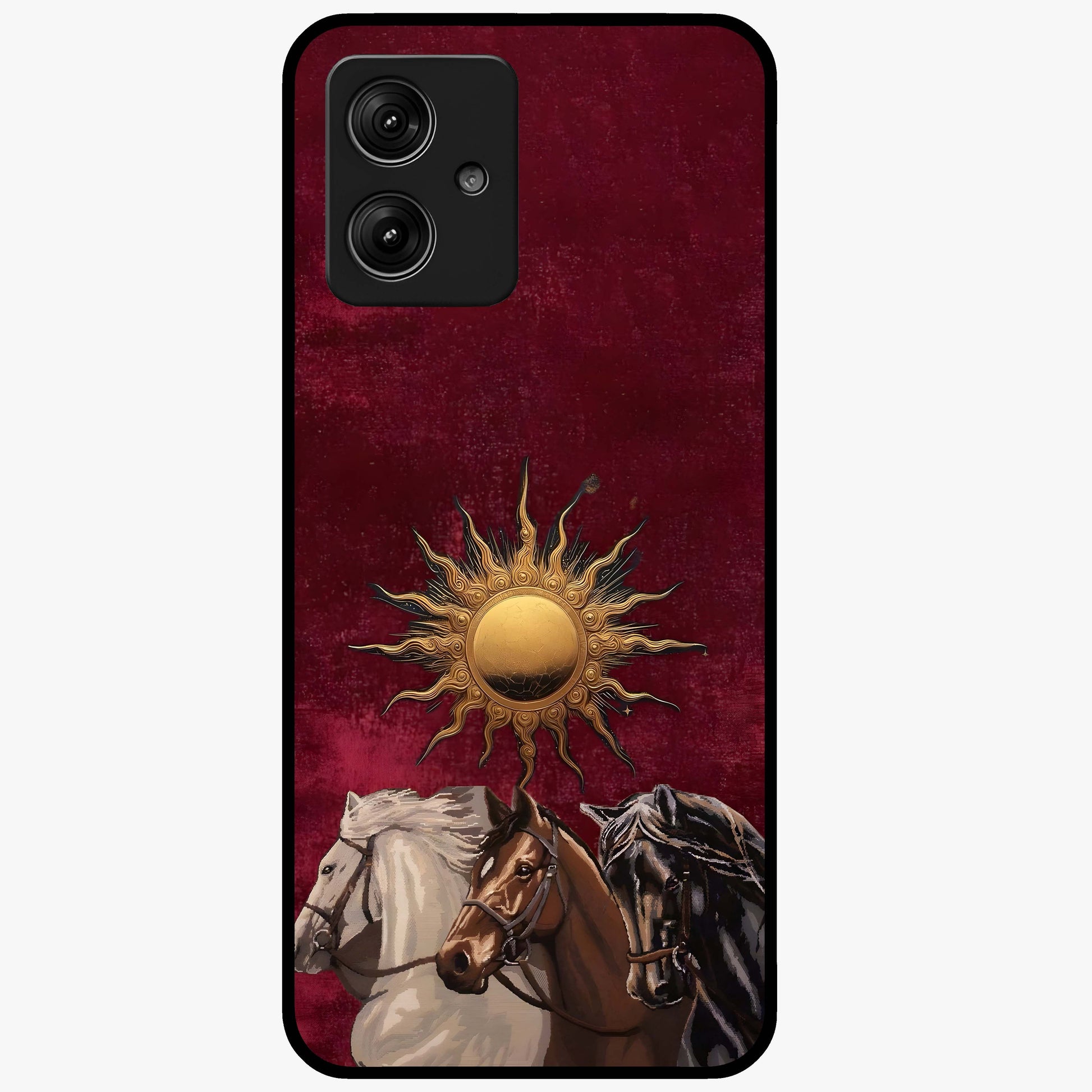 Solar Riders Glass Case showing flat back view with dynamic rider themed artwork and glossy glass finish.