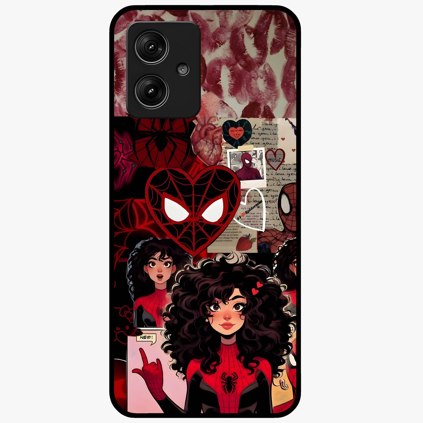 Spider Love Story Glass Case showing flat back view with romantic superhero themed artwork and glossy glass finish.