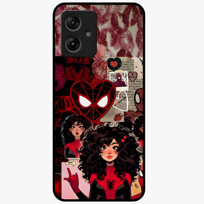 Spider Love Story Glass Case showing flat back view with romantic superhero themed artwork and glossy glass finish.
