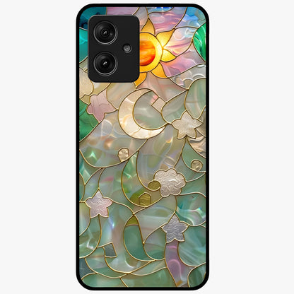 Stained Sunrise Glow Glass Case showing flat back view with glowing sunrise stained pattern artwork and glossy glass finish.
