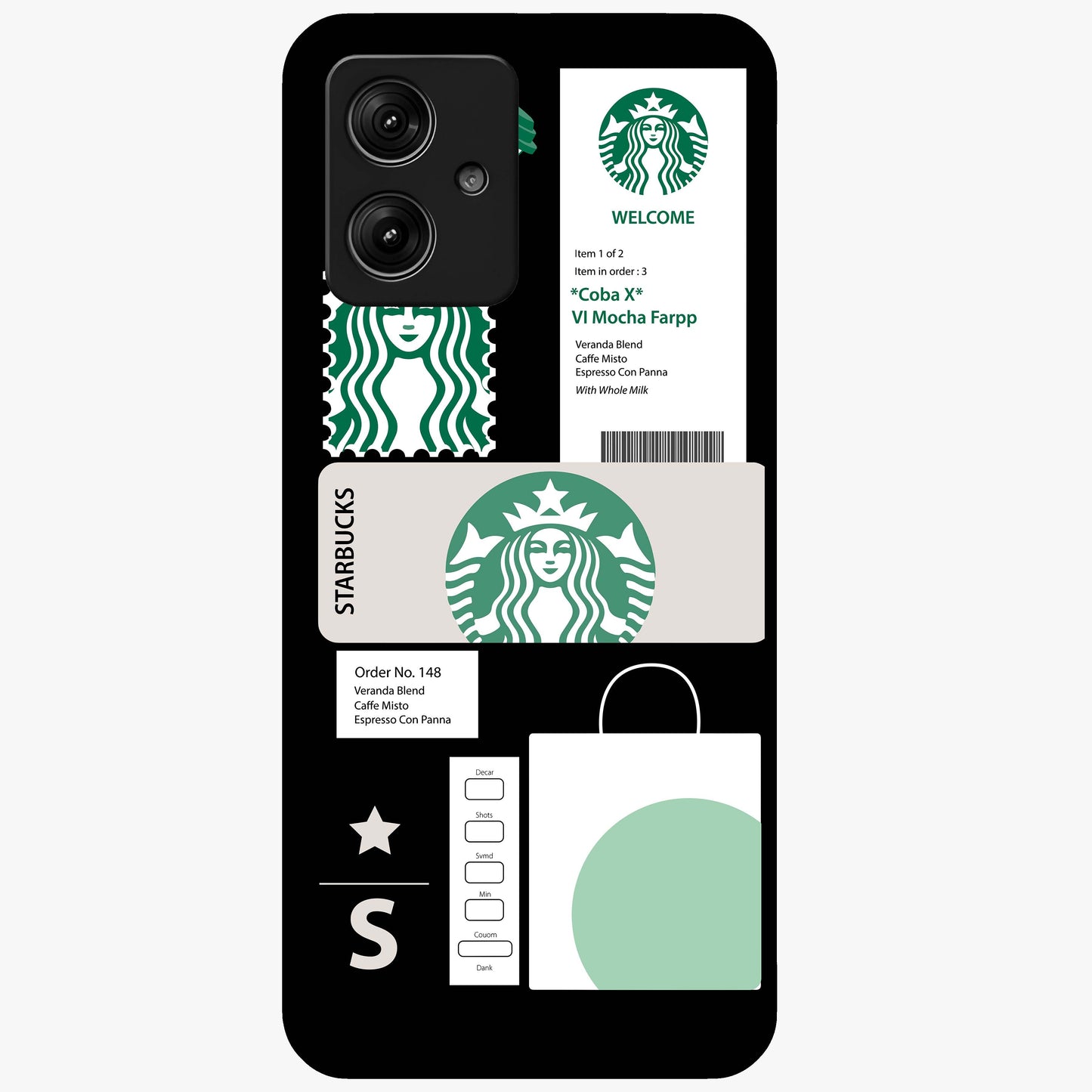 Starbucks Mocha Glass Case showing flat back view with coffee inspired artwork and glossy glass finish.