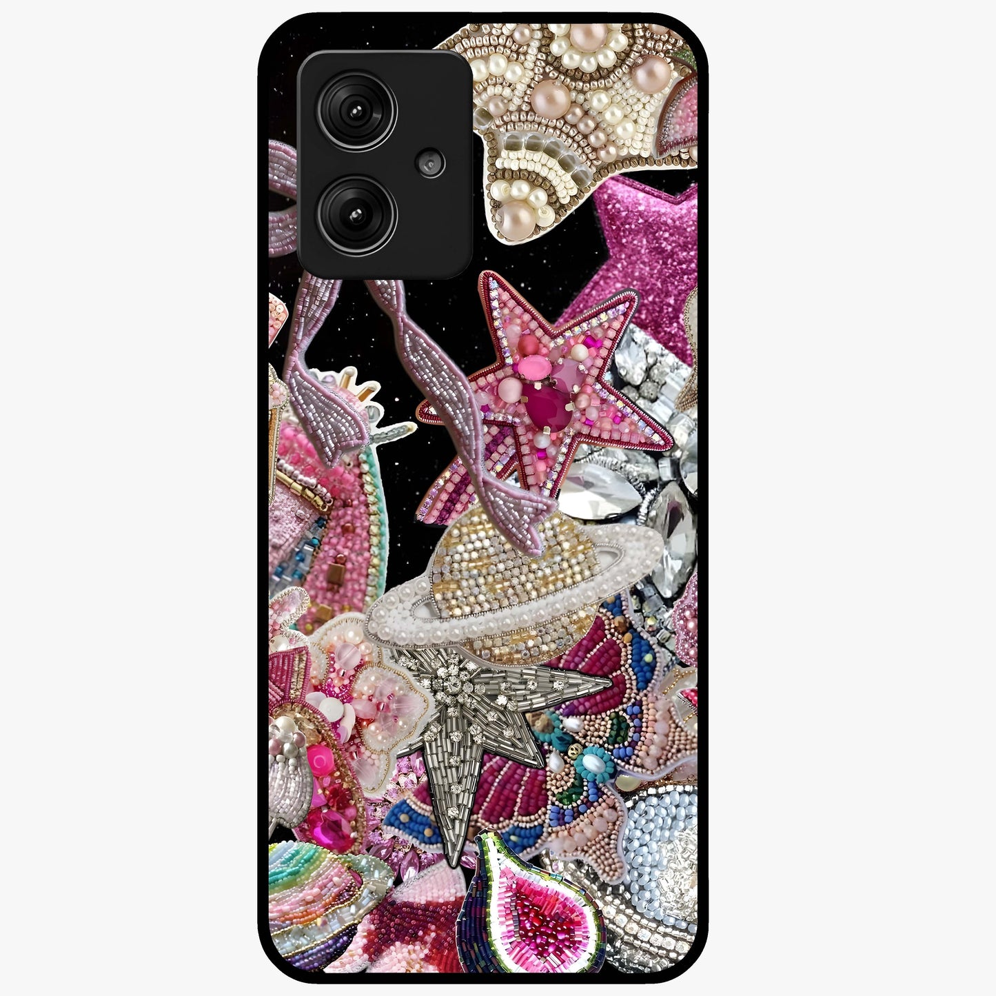 Starlit Jewel Dream Glass Case showing flat back view with sparkling jewel and star themed artwork and glossy glass finish.