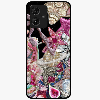Starlit Jewel Dream Glass Case showing flat back view with sparkling jewel and star themed artwork and glossy glass finish.