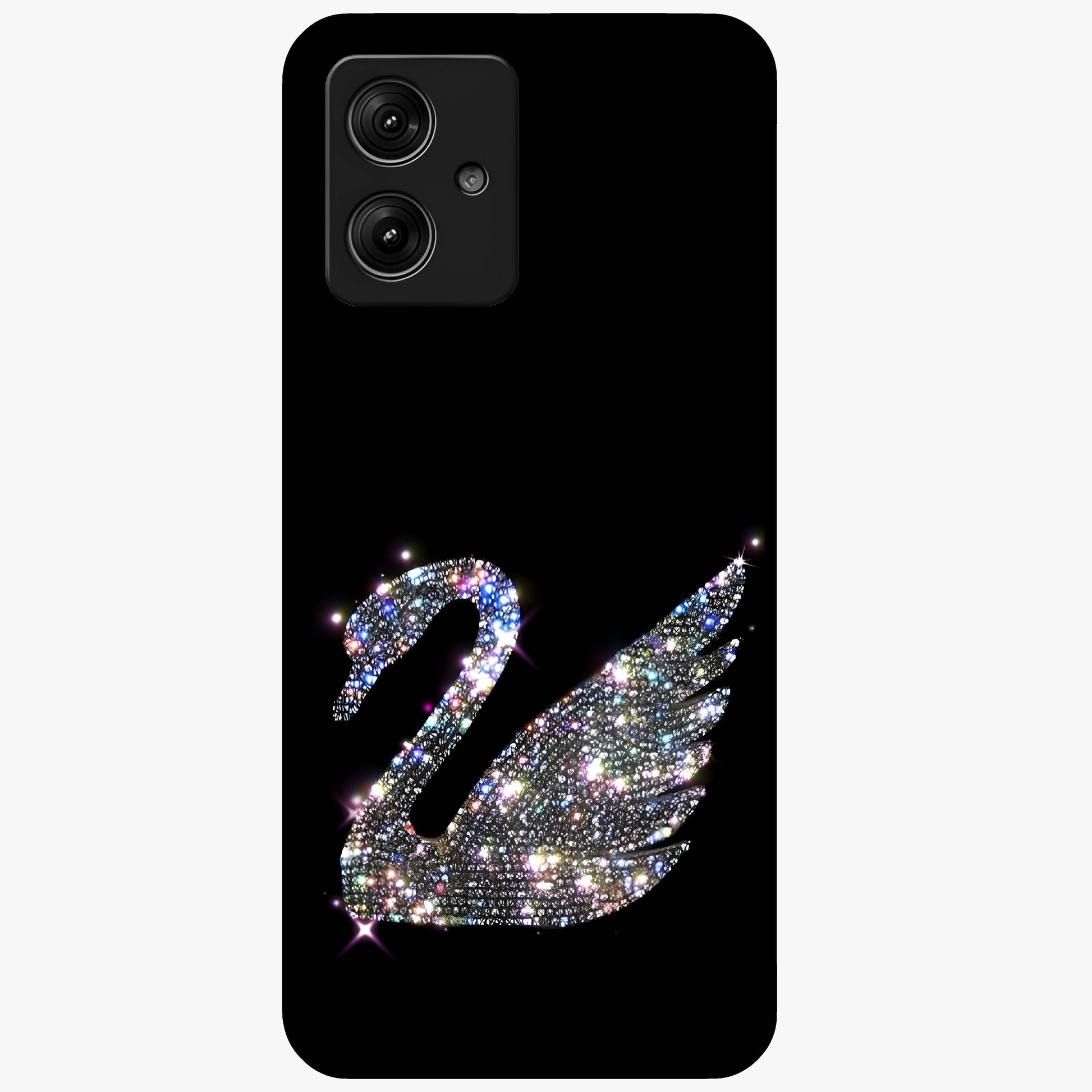 Starlit Swan Grace Glass Case showing flat back view with graceful swan artwork under starry sky and glossy glass finish.