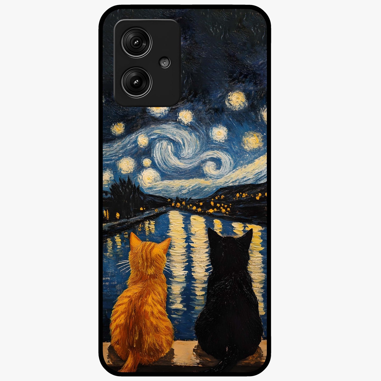 Starry River Cats Glass Case showing flat back view with cats by a starry river artwork and glossy glass finish.