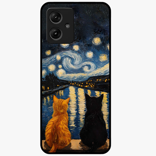 Starry River Cats Glass Case showing flat back view with cats by a starry river artwork and glossy glass finish.