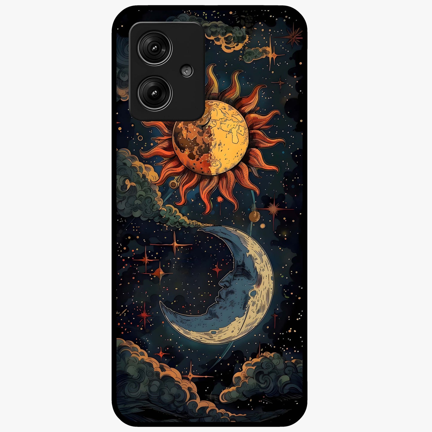 Sun And Moon Magic Design Glass Case showing flat back view with mystical sun and moon artwork and glossy glass finish.