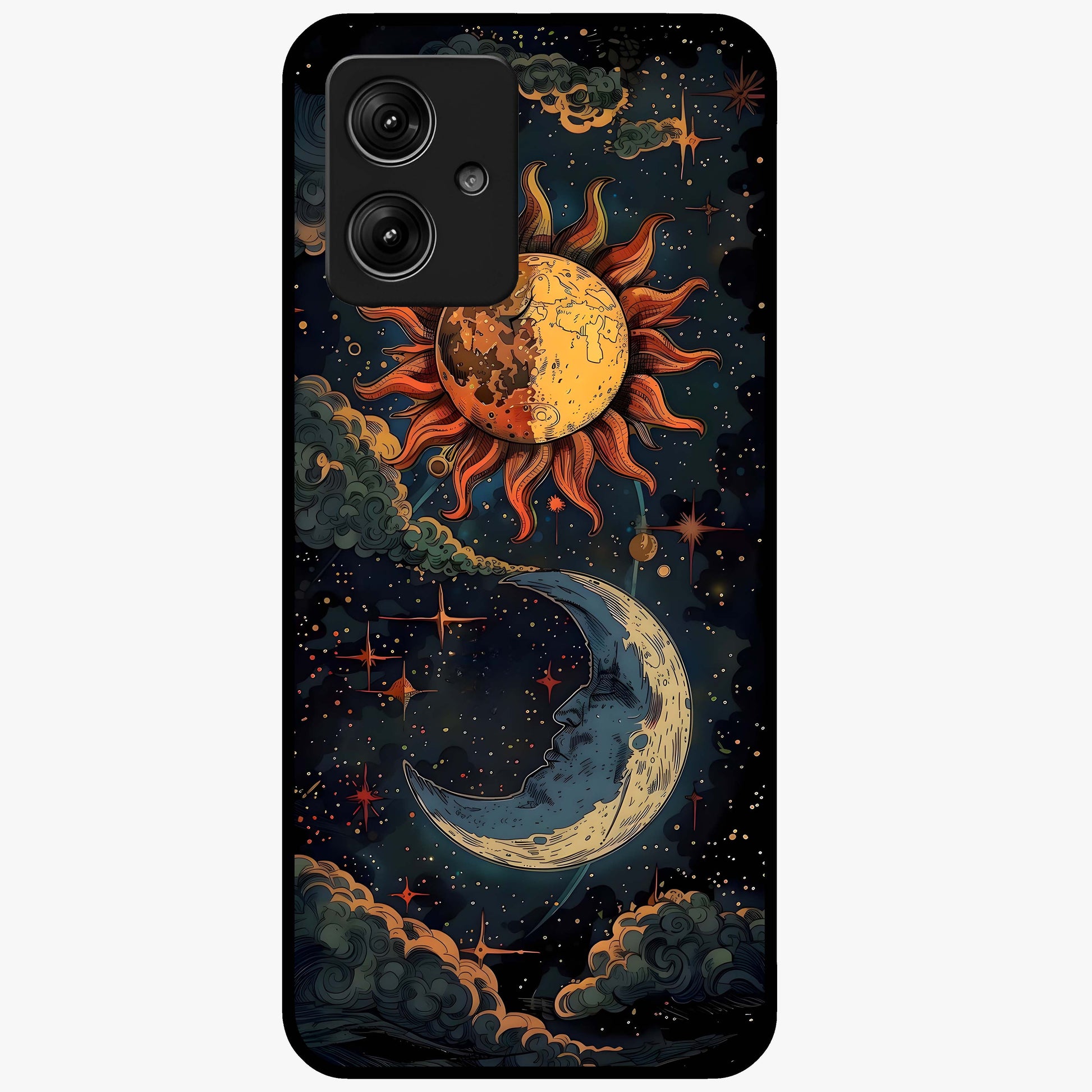 Sun And Moon Magic Design Glass Case showing flat back view with mystical sun and moon artwork and glossy glass finish.